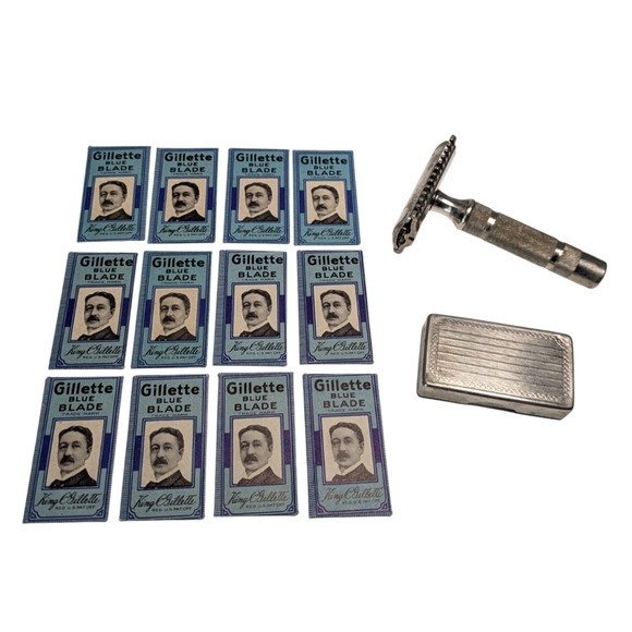 Vintage Gillette Silver Tone Safety Razor with Blade Holder 12 Blades 17567